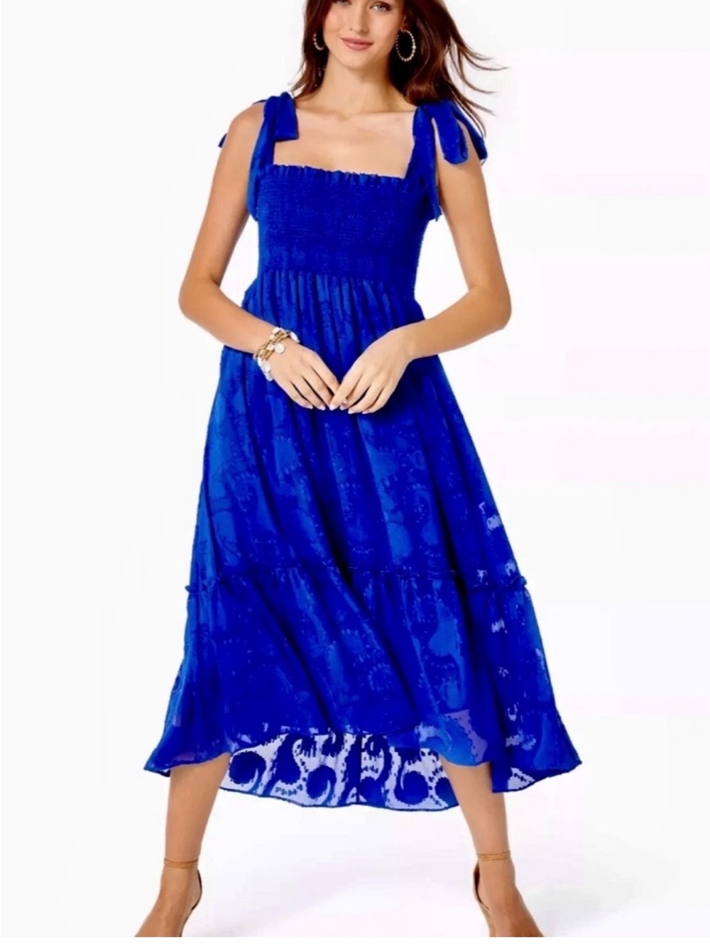 Lilly Pulitzer Cobalt Blue Smocked Tiered Midi Dress with Tie Straps